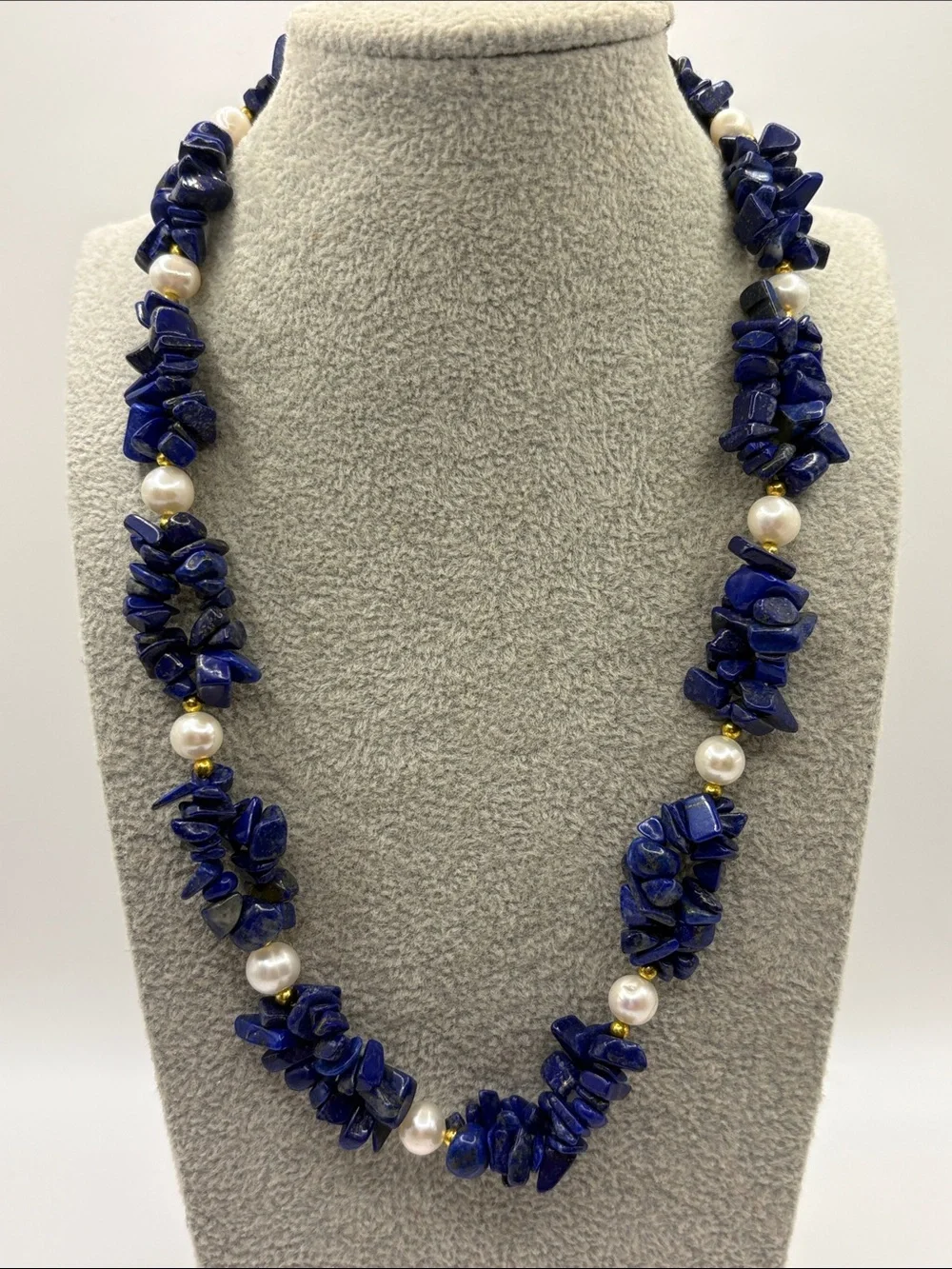 18kt Gold Plated & Lapis Chip Pearl Necklace in Deep Blue with Gold Accents 18”